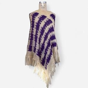 Vintage 70s Purple Fringe Poncho, Wool Boho Hippie